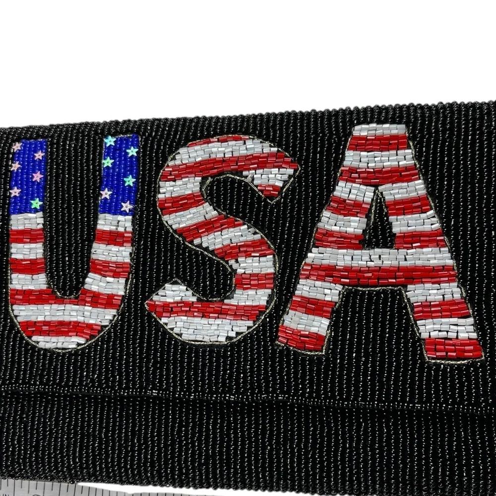 USA Beaded Black Clutch Shoulder Purse Goldtone Strap American Patriotic - Picture 7 of 13